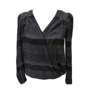 Knox Rose Women’s Black White Faux Wrap Long Sleeve Elastic Waist Top Bl…